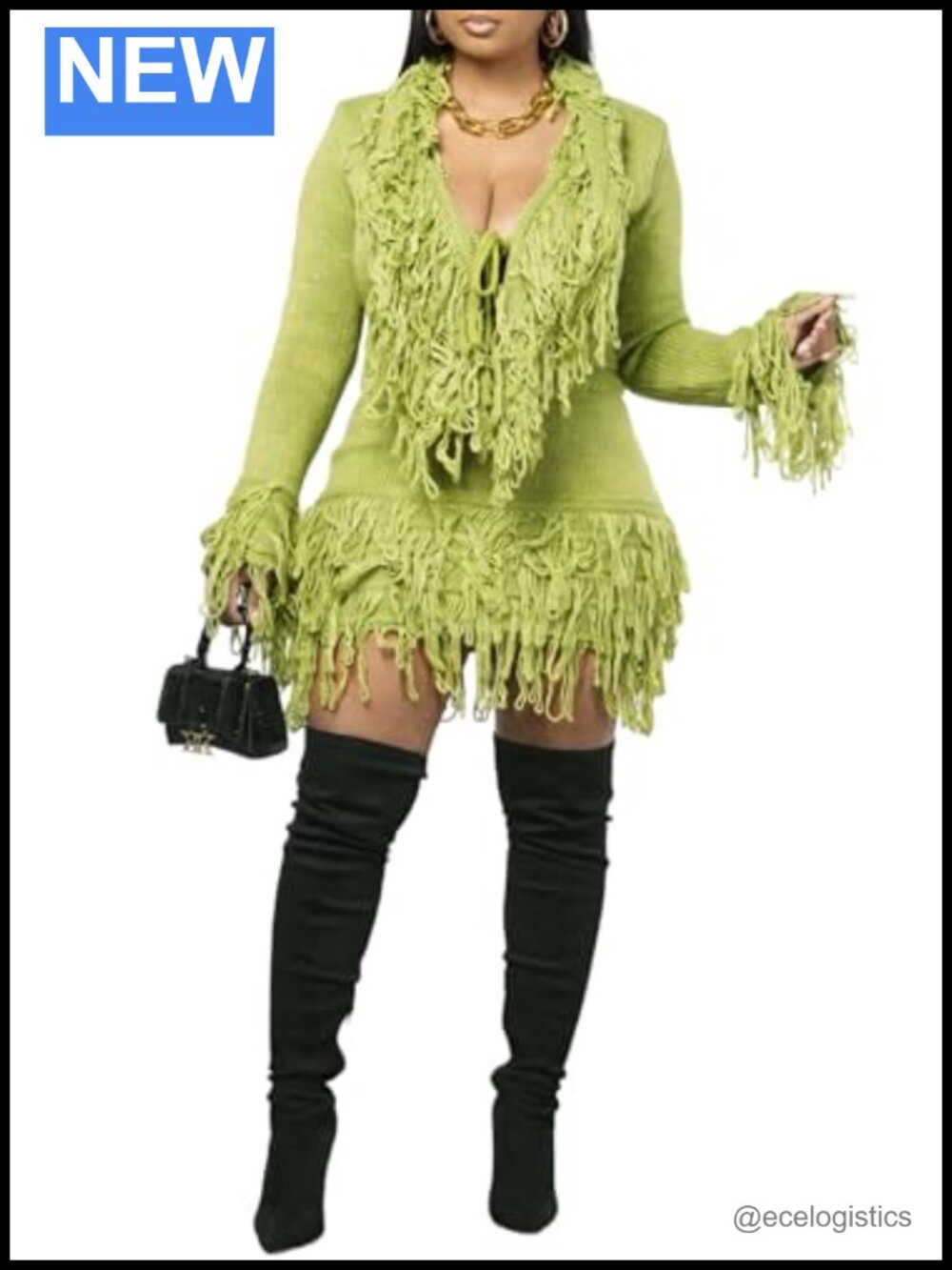 Women 2 Piece Sweater Skirt Set Tassel Fringe Long Sleeve V Neck Mini Skirt